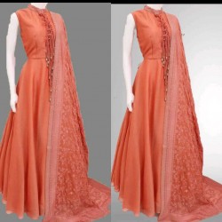 Orange Designer Stitch Gown WIth Net Dupatta